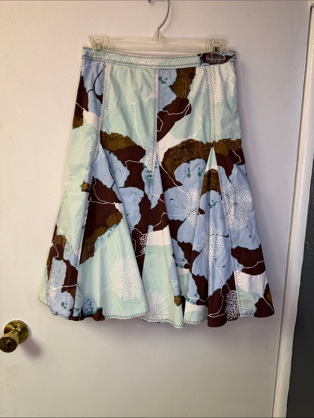 Anthropologie Odille A-Line Patchwork Skirt in Light Blue and Brown